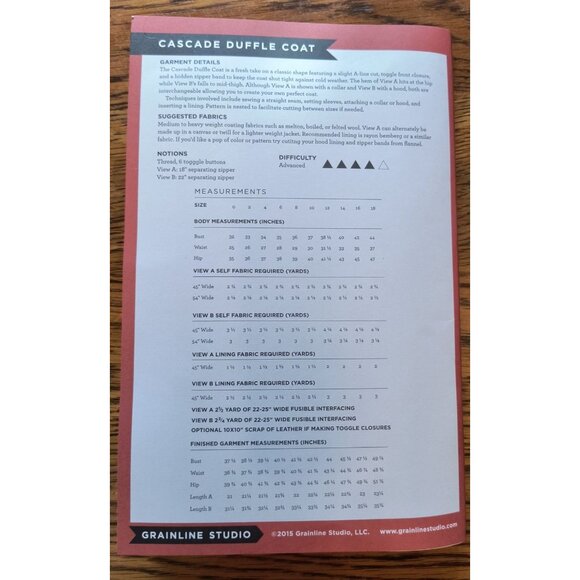 Cascade Duffle Coat Uncut Sewing Pattern By Grainline Studio Sizes 0-18 Advanced - Picture 2 of 3